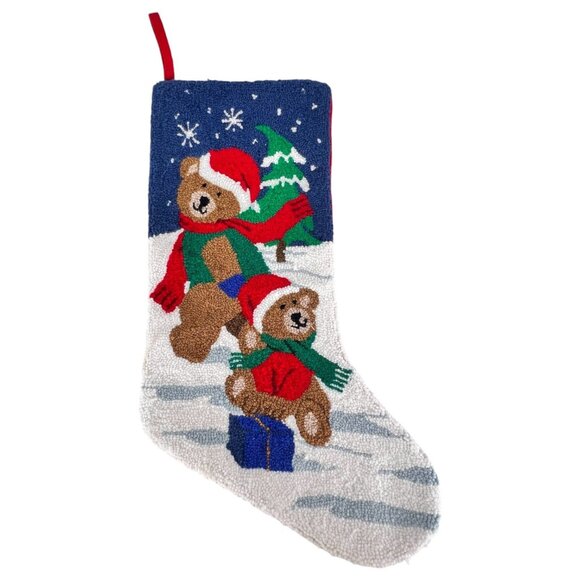 Needlepoint Christmas Stocking Teddy Bears With Presents 20 Inch Red Velvet Back - Picture 1 of 6